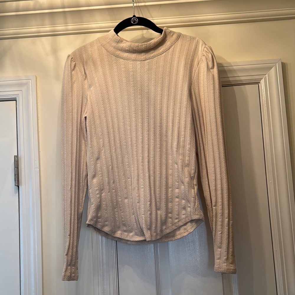 Free People Cream Ribbed Turtleneck Long Sleeve Tee